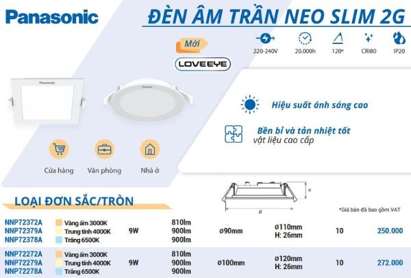 Thông Số Kỹ Thuật Của đèn LED âm Trần Panasonic 9W